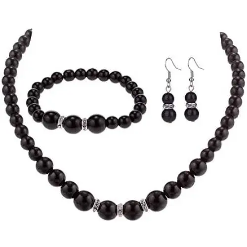 Femtindo Faux Pearl Necklace Earring and Bracelet Black Costume Jewelry Set for Women Femtindo Faux Pearl Necklace Earring and Bracelet Black Costume Jewelry Set for Women