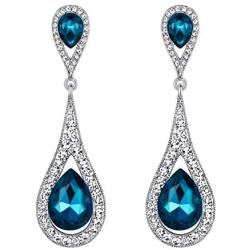 EVER FAITH Womens Austrian Crystal Elegant Dual Teardrop Pierced Dangle Earrings Sea Blue Silver-Tone