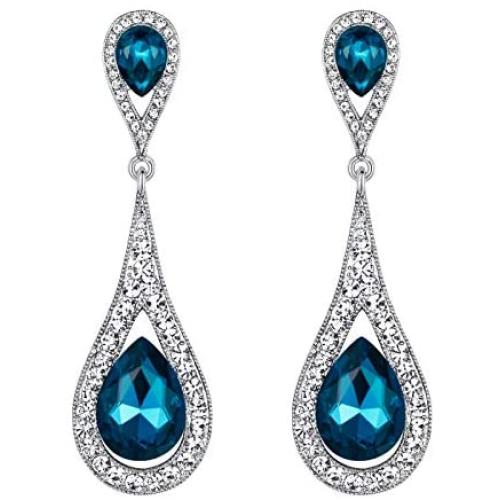 EVER FAITH Womens Austrian Crystal Elegant Dual Teardrop Pierced Dangle Earrings Sea Blue Silver-Tone