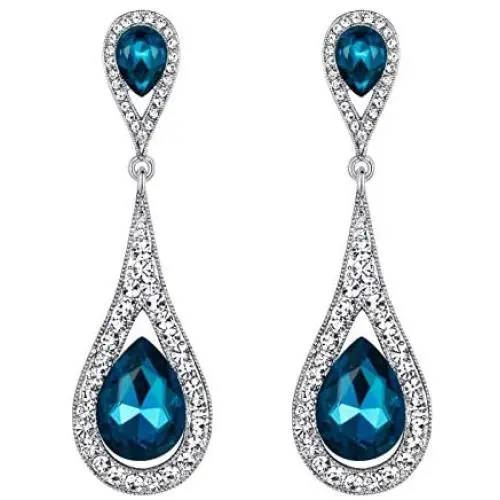 EVER FAITH Womens Austrian Crystal Elegant Dual Teardrop Pierced Dangle Earrings Sea Blue Silver-Tone