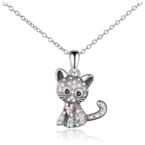 LUHE S925 Sterling Silver Cat Pendant Necklaces Jewelry Gifts for Little Teen Girls Daughter Women Cat Lover