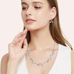 EVER FAITH Austrian Crystal White Simulated Pearl Bridal Floral Leaf Vine Jewelry Set Clear