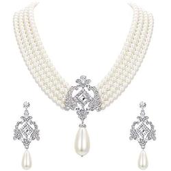 EVER FAITH Crystal 4 Layers Simulated Pearl Elegant Vintage Inspired Chandelier Necklace Earrings Set