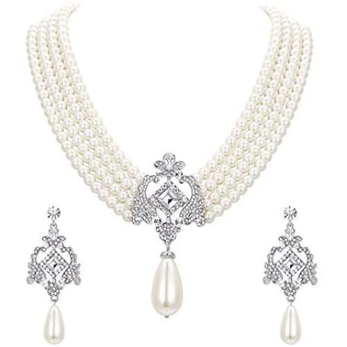 EVER FAITH Crystal 4 Layers Simulated Pearl Elegant Vintage Inspired Chandelier Necklace Earrings Set