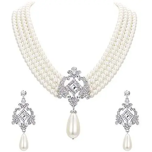 EVER FAITH Crystal 4 Layers Simulated Pearl Elegant Vintage Inspired Chandelier Necklace Earrings Set EVER FAITH Crystal 4 Layers Simulated Pearl Elegant Vintage Inspired Chandelier Necklace Earrings Set