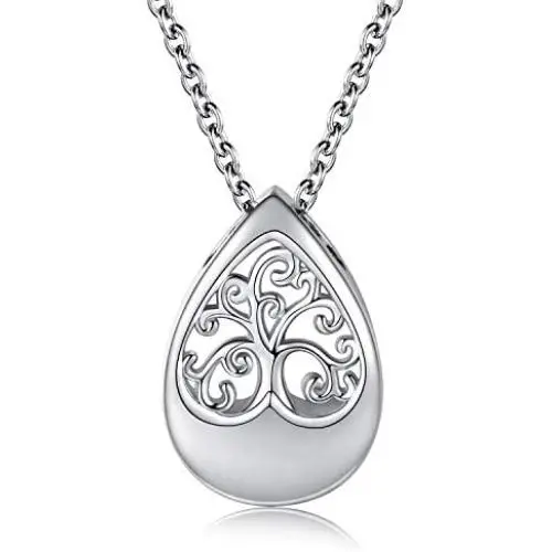 Teardrop Tree of Life Urn Necklace - 925 Sterling Silver Cremation Jewelry Memorial Ashes Pendant Heart Keepsake for Women Girls