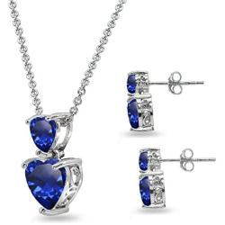 Sterling Silver Genuine, Created or Simulated Gemstone Double Heart Friendship Necklace & Stud Earrings Set