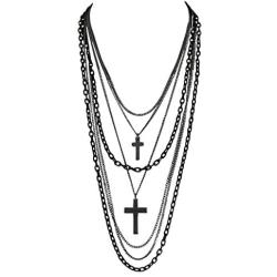 Deluxe Gothic Crosses Retro 80 Madonna Multilayer Black & Gunmetal Chain Long Multi Strand Necklace