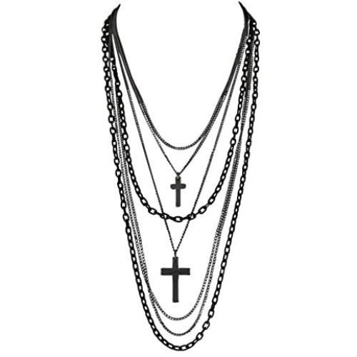 Deluxe Gothic Crosses Retro 80 Madonna Multilayer Black & Gunmetal Chain Long Multi Strand Necklace