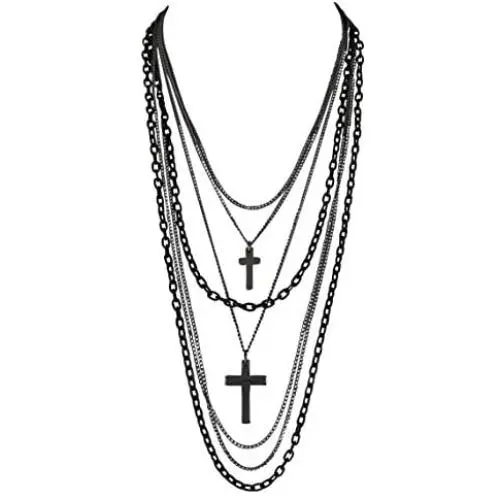 Deluxe Gothic Crosses Retro 80 Madonna Multilayer Black & Gunmetal Chain Long Multi Strand Necklace