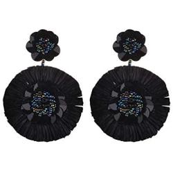 Nicole Miller New York Black Large Flower Floral with Metallic Dark Center Beads Dangle Earrings