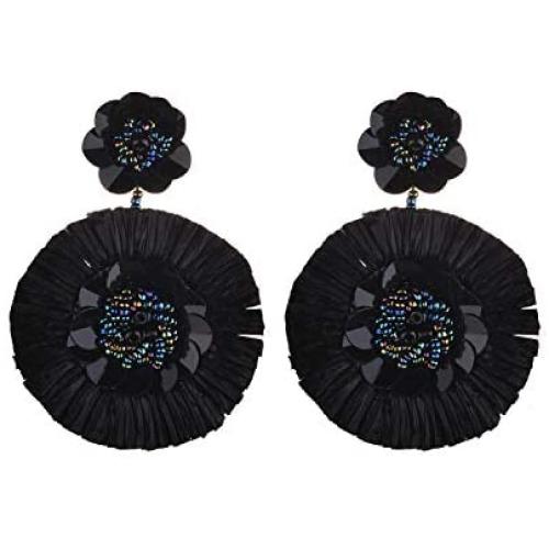 Nicole Miller New York Black Large Flower Floral with Metallic Dark Center Beads Dangle Earrings