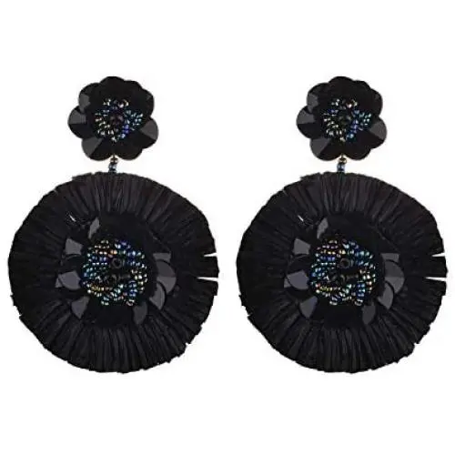 Nicole Miller New York Black Large Flower Floral with Metallic Dark Center Beads Dangle Earrings