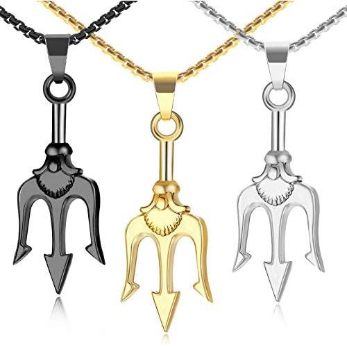 Trident Necklace, 3PCS LE-SEKAI Poseidon Trident Necklaces Stainless Steel Ancient Greek Amulet Necklace Neptune Pendant Poseidon God of The Sea Trident Pendant Hip Hop Jewelry Sailors Gift for Him