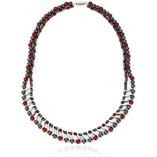 Elegant Womens Hematite Magnetic Therapy Necklace with Healing Stones Pain Relief for Neck Arthritis Migraine Headaches Shoulders and Back (Regular, Red Agate)
