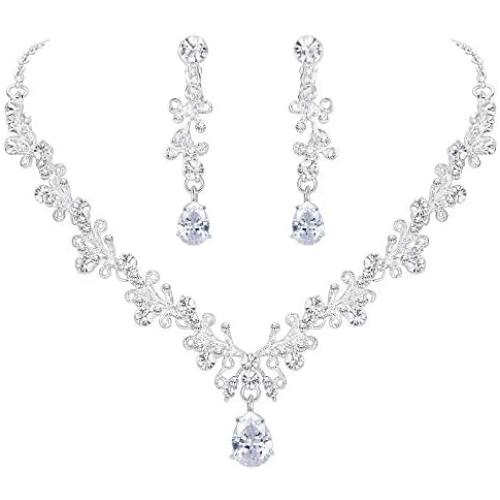 BriLove Womens Wedding Bridal Leaf Vine Floral Scroll Teardrop V-Necklace Dangle Earrings Set
