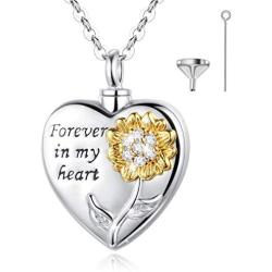 EUDORA Personalized Sunflower Cremation Necklace, Sterling Silver You are My Sunshine Heart-shape Custom Urn Engraved Memorial Jewelry for Ashes, 20 inches Chain