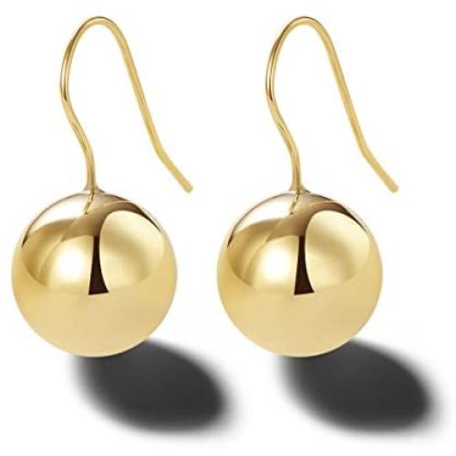 Carleen 14K Yellow Gold Plated 925 Sterling Silver Dainty Statement Large Ornamental Round Ball Drop Dangle Earrings Delicate Fine Jewelry Stud Earrings for Women, Ball Diameter 12mm
