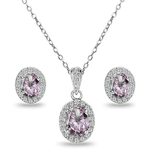 Sterling Silver Genuine or Synthetic Gemstones and White Topaz Oval Halo Necklace and Stud Earrings Set