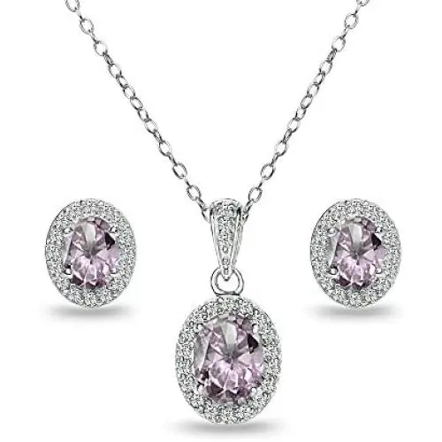 Sterling Silver Genuine or Synthetic Gemstones and White Topaz Oval Halo Necklace and Stud Earrings Set