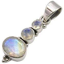 SilverStarJewel Faceted Rainbow Moonstone 3 Stone Pendant 1.4'' 925 Sterling Silver