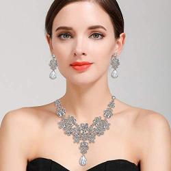 BriLove Wedding Bridal Jewelery Set for Women Rhinestone Butterfly Filigree Statement Necklace Dangle Earrings Clear Silver-Tone