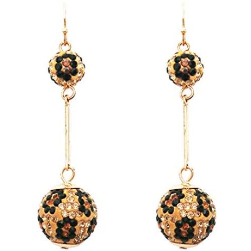 Rosemarie & Jubalee Womens Dangle Wild Animal Leopard Print Crystal Double Ball Bar Drop Earrings