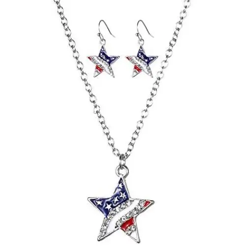 LUX ACCESSORIES Silver Tone American Flag Inspired Star Necklace Earrings Set LUX ACCESSORIES Silver Tone American Flag Inspired Star Necklace Earrings Set