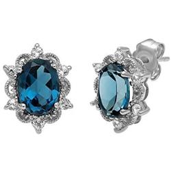 Jewelili Sterling Silver 8x6mm Oval London Blue and Round White Topaz Stud Earrings