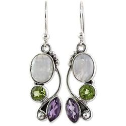 NOVICA Peridot Amethyst Rainbow Moonstone .925 Sterling Silver Dangle Earrings, Natural Glamour