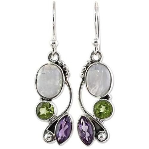 NOVICA Peridot Amethyst Rainbow Moonstone .925 Sterling Silver Dangle Earrings, Natural Glamour