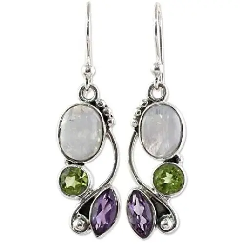 NOVICA Peridot Amethyst Rainbow Moonstone .925 Sterling Silver Dangle Earrings, Natural Glamour NOVICA Peridot Amethyst Rainbow Moonstone .925 Sterling Silver Dangle Earrings, Natural Glamour
