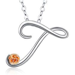 Aniu Sterling Silver Necklace T Letters for Girls/Women, Alphabet Personalized Charm Pendant with 18inch O-Ring Chain