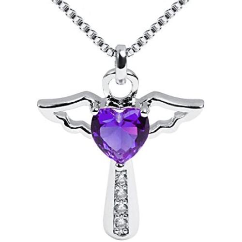 Birthstone Necklaces Cross Necklace for Women Girls Cubic Zirconia Angel Wing Birthstone Heart Charm Pendant Necklace Gifts for Valentine