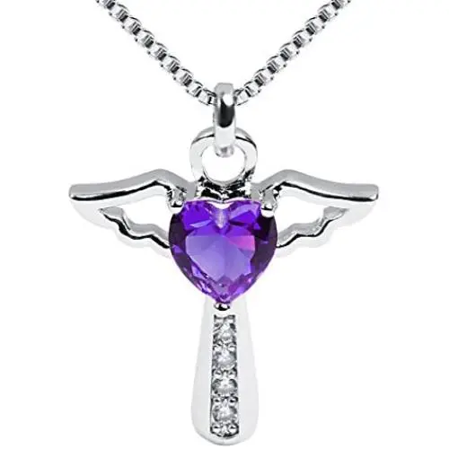 Birthstone Necklaces Cross Necklace for Women Girls Cubic Zirconia Angel Wing Birthstone Heart Charm Pendant Necklace Gifts for Valentine