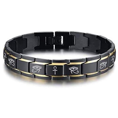 VNOX Mens Stainless Steel Egyptian Eye of Horus Eye of Ra Ankh Cross Adjustable Protection Link Bracelet Wristband Amulet Jewelry