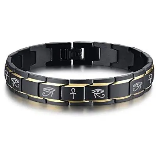 VNOX Mens Stainless Steel Egyptian Eye of Horus Eye of Ra Ankh Cross Adjustable Protection Link Bracelet Wristband Amulet Jewelry
