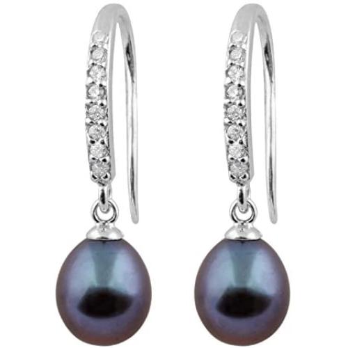 Handpicked AAA Cultured Freshwater Black Pearls 7.5-8mm Rhodium-plated 925 Silver Hook Dangling Earrings