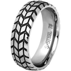 Oakky Mens Stainless Steel 6mm Tire Tread Grooved Biker Ring Motorcycle Style Gold/Silver