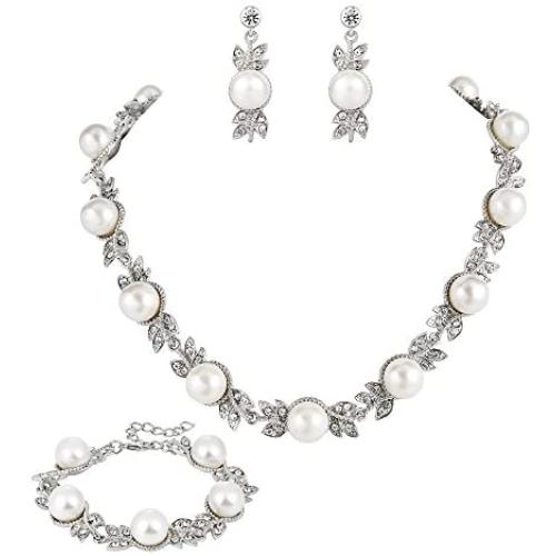 BriLove Womens Wedding Bridal Crystal Cream Simulated Pearl Floral Leaf Necklace Earrings Bracelet Set