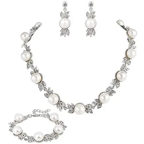 BriLove Womens Wedding Bridal Crystal Cream Simulated Pearl Floral Leaf Necklace Earrings Bracelet Set BriLove Womens Wedding Bridal Crystal Cream Simulated Pearl Floral Leaf Necklace Earrings Bracelet Set