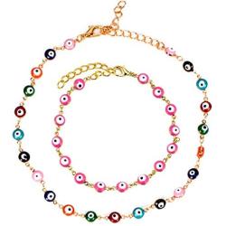 2Pcs Trendy 14k Gold Plated Colorful Difform Cute Circle Evil Eye Beaded Lucky Protection Necklaces Amulet Bracelets Set for Women Girls Popular Jewelry