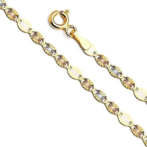 14k REAL Tri Color Gold Solid 3mm Flat Star Diamond Cut Chain Necklace with Spring Ring Clasp