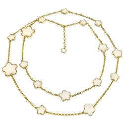 Fashion White Black Enamel Large Flower Long Gold Plated Station Chain Wrap Layer Clover Necklace for Women 40 Inch