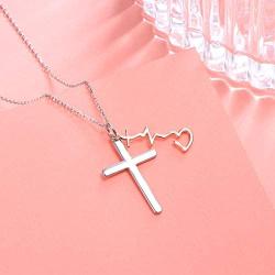 S925 Sterling Silver Faith Hope Love Cross Heartbeat Heart Pendant Necklace Christian Jewelry Gifts for Women Teen Girls