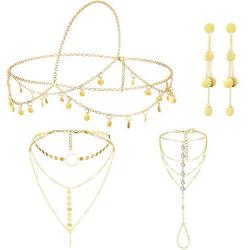 Yaomiao 4 Pieces Gold Sequin Boho Jewelry Set, Small Coins Hair Chain, Layered Sequins Necklace, Sequin Coin Drop Earrings and Crystal Finger Ring Bracelet for Women