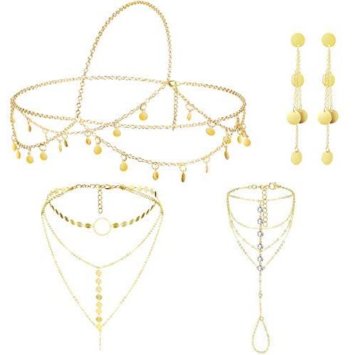 Yaomiao 4 Pieces Gold Sequin Boho Jewelry Set, Small Coins Hair Chain, Layered Sequins Necklace, Sequin Coin Drop Earrings and Crystal Finger Ring Bracelet for Women