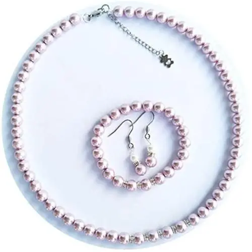 Jiyui Faux Crystal Round Smooth Pure Handmade Simulated Pearl Necklace Bracelet Earrings Jewelry Set for Wedding Bridal Women Little Girls Kids Jiyui Faux Crystal Round Smooth Pure Handmade Simulated Pearl Necklace Bracelet Earrings Jewelry Set for Wedding Bridal Women Little Girls Kids