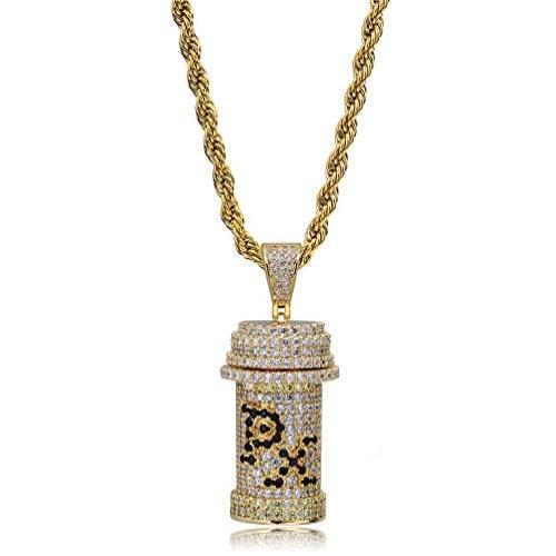 TOPGRILLZ Pill Bottle PX Capsule Detachable Pendant Necklace Chain Men’s 14K Gold Plated Iced Out CZ Hip Hop Jewelry