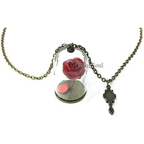 Beauty Rose Necklace Jewelry - Beast Belle Rose Glass Necklace Merchandise Gift for Women Beauty Rose Necklace Jewelry - Beast Belle Rose Glass Necklace Merchandise Gift for Women